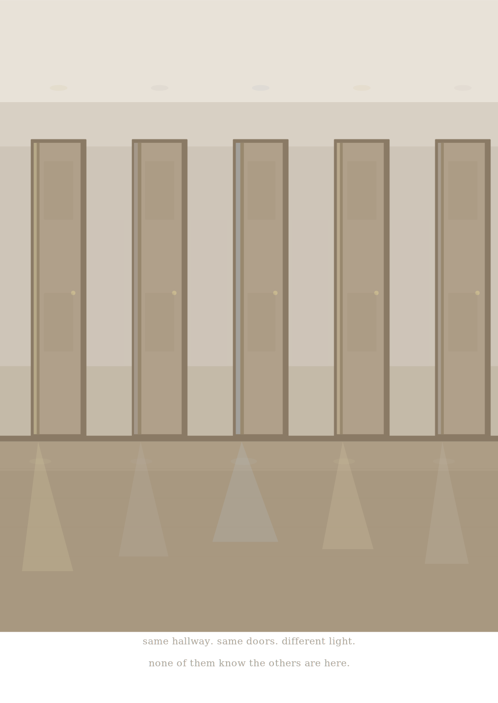 The Hallway — five identical doors slightly ajar, each with a different light coming through