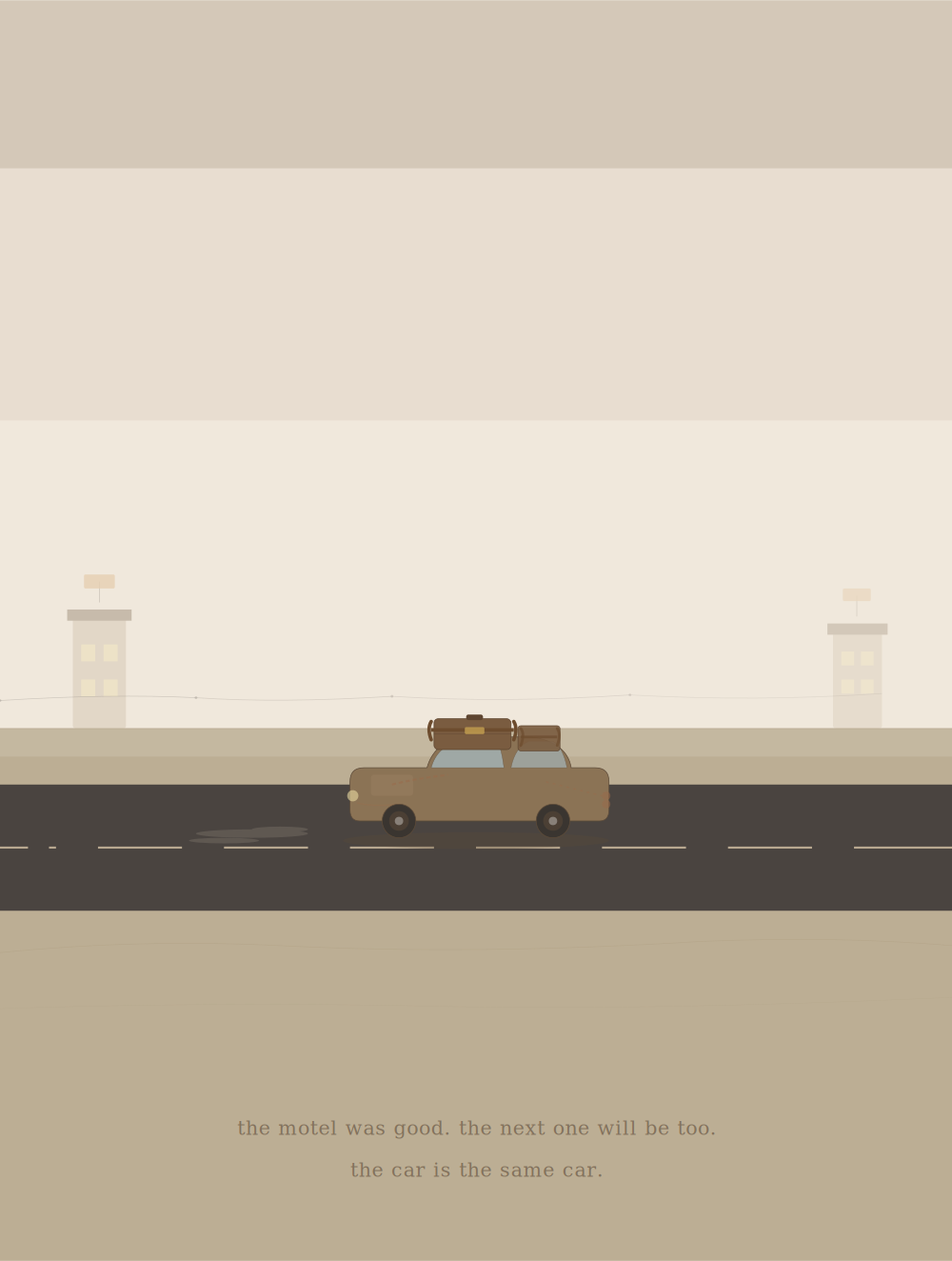 The Same Car — a travel-worn car with a belted suitcase on a road between two motels, warm browns under an overcast sky